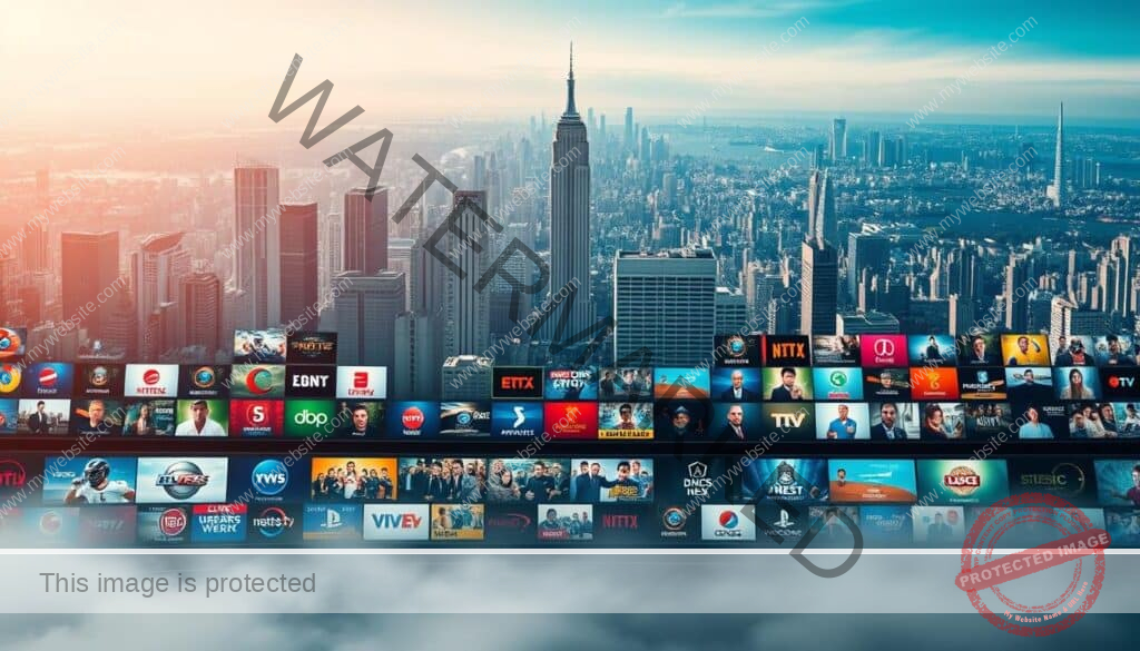 A sprawling digital landscape showcasing a diverse array of television channels. In the foreground, a sleek, modern interface with vivid channel icons, each representing a unique genre or content type. The middle ground features a dynamic grid of thumbnails, highlighting the breadth of programming available, from news and sports to entertainment and documentaries. In the background, a shimmering, futuristic cityscape serves as a backdrop, hinting at the boundless possibilities of the digital age. Soft, diffused lighting bathes the scene, creating a sense of depth and atmospheric allure. The overall composition conveys the idea of an expansive, curated content library, catering to a wide range of viewer preferences and interests.