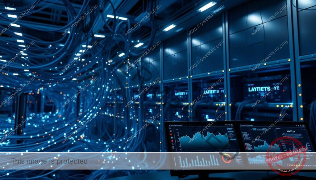 A sprawling network hub, with cables and fiber optics snaking across a sleek, metallic backdrop. Glowing nodes and blinking lights create a rhythmic visual symphony, reflecting the efficient flow of data. In the foreground, a command console displays real-time analytics, monitoring bandwidth, latency, and traffic patterns. The lighting is cool and clinical, emphasizing the precision and sophistication of the network management system. The overall composition conveys a sense of control, reliability, and technological prowess - the perfect visualization for "Ensuring Reliable Network and Signal Transmission".