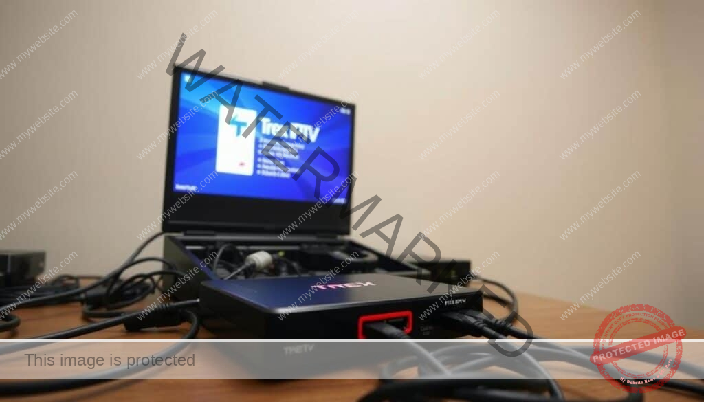 A step-by-step guide to setting up Trex IPTV on an Android box. A technician's workbench in a well-lit home office, with an open Android box and connected cables. Carefully arranged HDMI, Ethernet, and power cords against a plain, neutral-toned background. The Trex IPTV app is prominently displayed on the Android box's screen, guiding the viewer through the installation process. The scene conveys a sense of order, focus, and technical expertise, reflecting the instructional nature of the content.