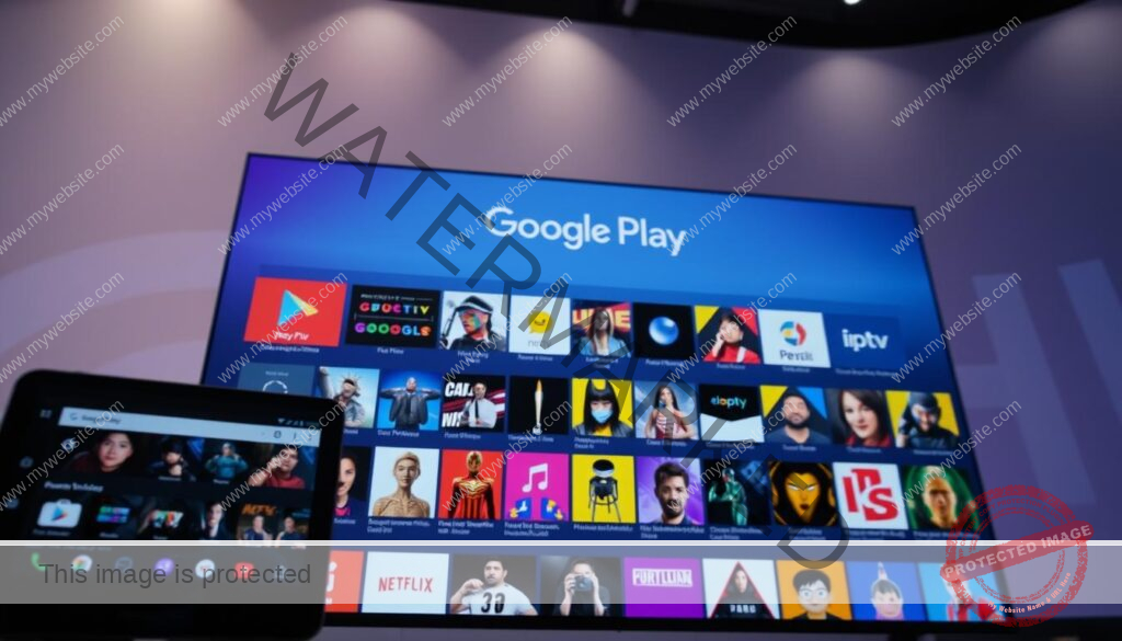 A vibrant and visually engaging image showcasing the Google Play Store interface, with a prominent display of various IPTV app icons. The foreground should feature a sleek and intuitive layout, highlighting the diverse selection of IPTV apps available for download. The middle ground should include a clean and organized grid of app thumbnails, each showcasing their unique branding and functionality. The background should convey a sense of modernity and technological sophistication, with subtle gradients or textures that complement the overall design. The lighting should be soft and evenly distributed, creating a welcoming and inviting atmosphere. The camera angle should be slightly angled, providing a dynamic and immersive perspective for the viewer.