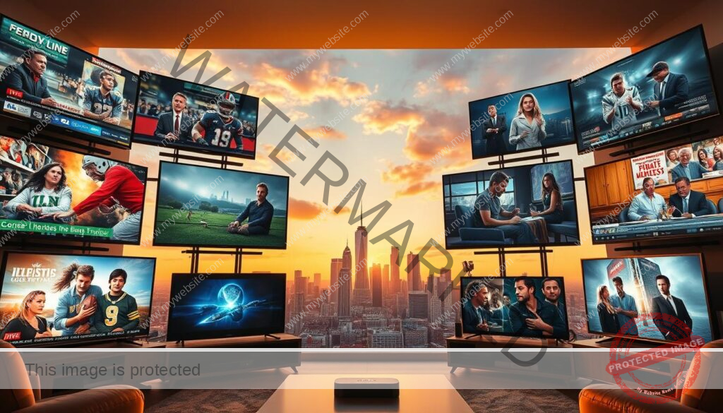 A vibrant collage of diverse entertainment channels and streaming options, captured in a cinematic wide-angle lens. The foreground features a variety of modern TV sets and streaming devices, each displaying a unique genre of content - from live sports and news to documentaries, movies, and popular series. The middle ground showcases a dynamic cityscape, with skyscrapers and billboards hinting at the urban landscape of Los Angeles. The background is illuminated by a warm, golden hour glow, creating a welcoming and immersive atmosphere. Crisp, high-definition details and a balanced, cinematic composition convey the breadth and quality of the entertainment options available.