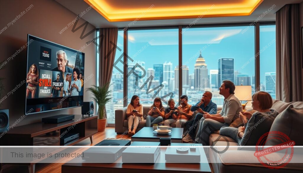 A vibrant, high-quality entertainment experience with an array of options carefully curated for Texas residents. In the foreground, a living room setup with a large flatscreen TV, surround sound speakers, and a sleek media console showcasing the latest streaming devices. In the middle ground, family members of all ages gathered around, immersed in various forms of digital entertainment - watching movies, playing video games, and exploring interactive content. The background features a cityscape of the Lone Star State's thriving metropolitan areas, hinting at the endless possibilities for entertainment and leisure. Warm, natural lighting filters through the windows, creating a cozy, inviting atmosphere. The scene conveys a sense of comfort, connection, and the seamless integration of technology into everyday life.