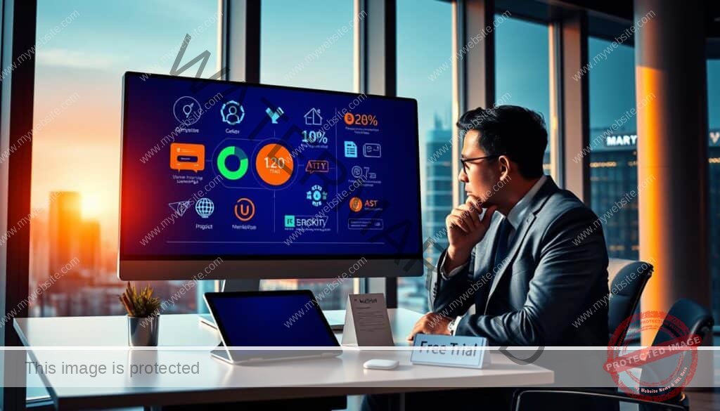 A vibrant, modern office scene with a large desktop computer screen displaying various conversion strategy icons and graphics. In the foreground, a businessman in a suit is studying the screen intently, hand on chin in contemplation. Soft, directional lighting from a window casts a warm glow, creating depth and atmosphere. The middle ground features a sleek, minimalist desk with a tablet, notes, and a strategically placed "Free Trial" sign. The background showcases floor-to-ceiling windows overlooking a dynamic cityscape, reinforcing the professional, technology-driven environment. The overall mood is one of focus, innovation, and the potential for growth through effective free trial conversion strategies.