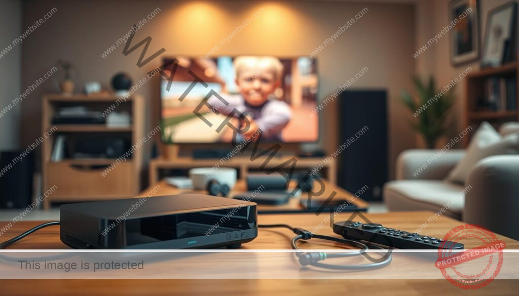 A well-lit, detailed setup of a modern set-top box placed on a wooden table, with cables and remote control neatly arranged nearby. The box should have a sleek, minimalist design, perhaps in a neutral color like black or silver. In the middle ground, a variety of home entertainment devices, such as a smart TV, game console, and streaming device, should be visible, creating a cohesive home theater setup. The background should depict a cozy, living room-like environment, with warm lighting and subtle decor elements, conveying a sense of comfort and functionality.