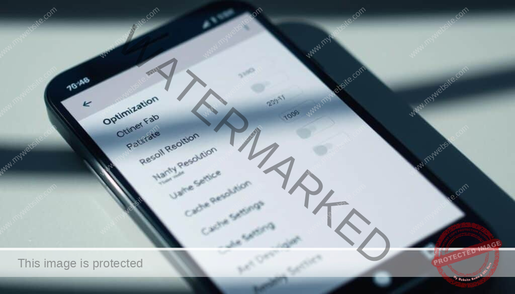 A well-lit, high-angle close-up view of a smartphone screen displaying an IPTV streaming app's settings menu. The interface shows various optimization options such as bitrate, resolution, and cache settings. The screen is surrounded by a sleek, modern device frame with minimal bezels, casting subtle shadows. The overall scene conveys a sense of control and precision, with a clean, minimalist aesthetic to reflect the technical nature of the task at hand.