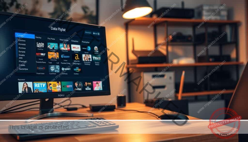 A well-lit home office setup with a Roku device prominently displayed on a wooden desk. In the foreground, a computer monitor shows a data playlist interface, with various content categories and channel thumbnails. In the middle ground, a wireless keyboard and mouse enable seamless navigation. The background features shelves with neatly organized IPTV equipment, including a router and set-top box. The scene conveys a sense of efficiency and control, with a warm, modern aesthetic that reflects the article's focus on the best IPTV solution for Roku users.