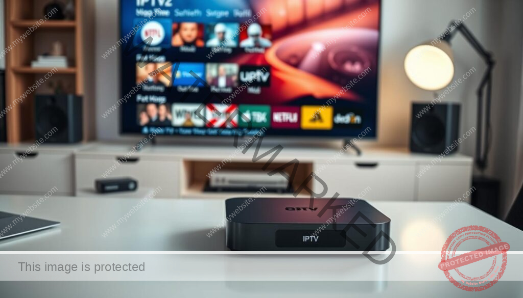 A well-lit home office setup with a sleek, modern streaming device prominently displayed on a clean, minimalist desk. The device's interface is clearly visible, showcasing its intuitive, user-friendly design. In the background, a large, high-definition television screen displays a vivid, colorful IPTV interface, hinting at the device's powerful capabilities. The overall scene conveys a sense of simplicity, efficiency, and technological sophistication, perfectly aligning with the "Simplicity of Installation and Setup" section of the article.