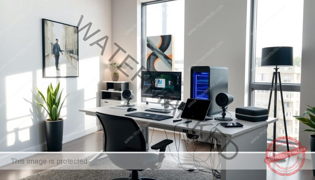 A well-lit modern home office with a sleek, minimalist desk and a high-end desktop computer setup. On the desk, there is a laptop, a tablet, and various cables and peripherals neatly arranged. The walls feature modern, abstract art pieces, and the lighting is a combination of natural daylight streaming through large windows and subtle ambient lighting. The overall atmosphere is one of focus, efficiency, and technological sophistication, reflecting the "Optimizing Your Viewing Experience and Troubleshooting" section of the article.