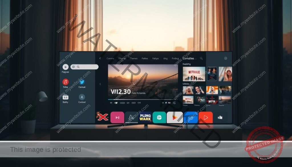 A well-lit screen showcasing a customizable streaming interface, with sleek, minimalist design elements. The foreground features various app icons, media controls, and a focus on a central video player. The middle ground includes customizable themes, color palettes, and UI settings. The background depicts a soft, blurred cityscape or natural landscape, conveying a sense of relaxation and immersion. The overall composition should evoke a modern, refined, and user-friendly streaming experience, reflecting the Trex IPTV app's capabilities for optimal viewing.