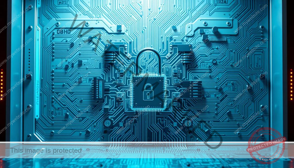 An advanced data security encryption system, with a central digital lock surrounded by intricate circuit boards, microchips, and cryptographic algorithms. The composition features a clean, minimalist aesthetic with a futuristic and technical feel. Soft blue and white lighting illuminates the scene, casting subtle shadows and highlights to emphasize the complex machinery. The camera angle is slightly elevated, providing a detailed, almost isometric view of the encryption process. An atmosphere of sophistication, protection, and technological prowess permeates the image, suitable for illustrating the privacy and data security considerations of IPTV on Apple TV.