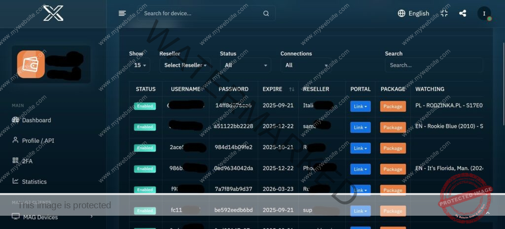 IPTV reseller panel interface showing customer management and subscription tracking