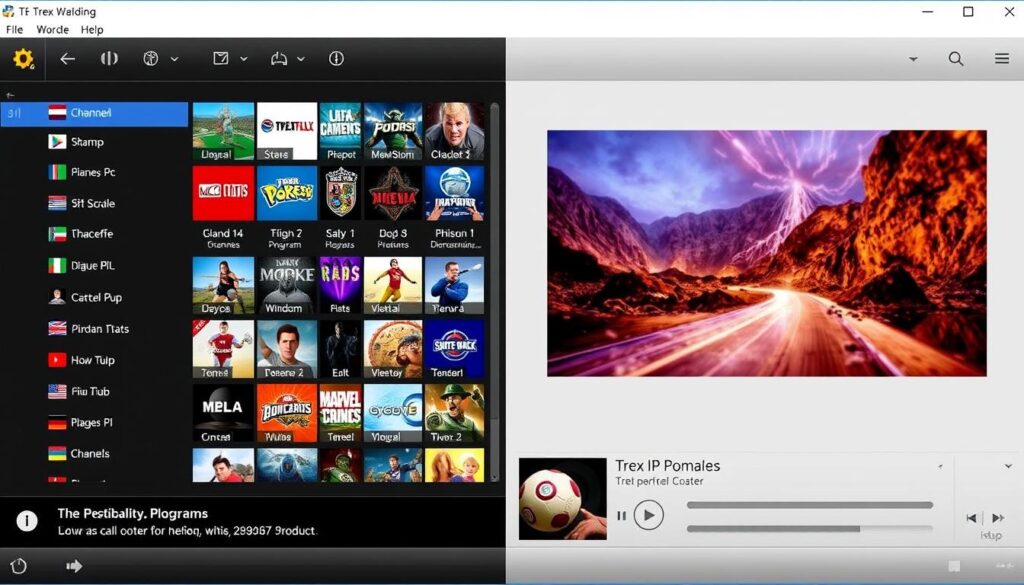 Trex IPTV Windows app interface showing channel grid and video player