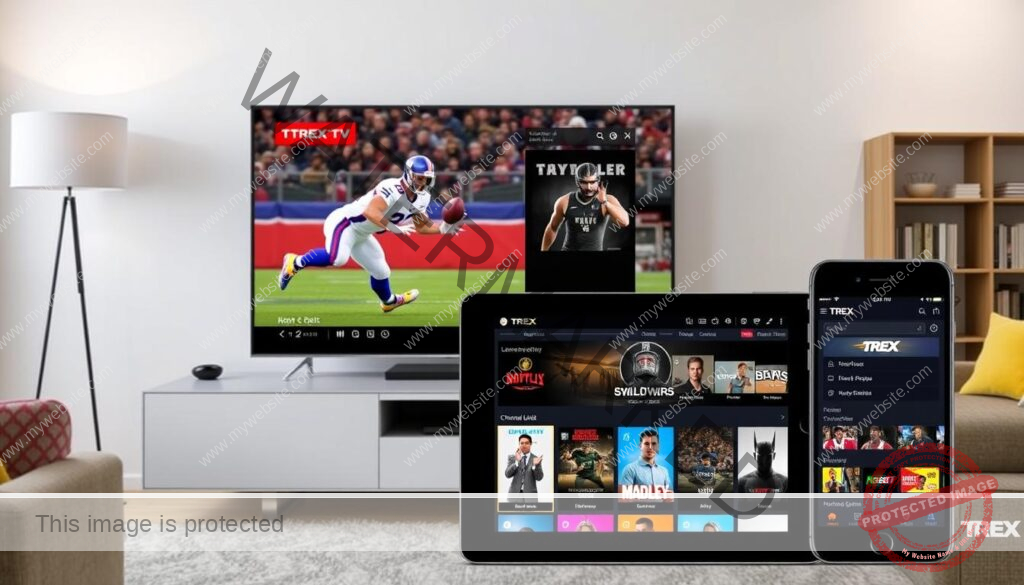 Trex IPTV app running on multiple devices including smart TV, tablet, and smartphone
